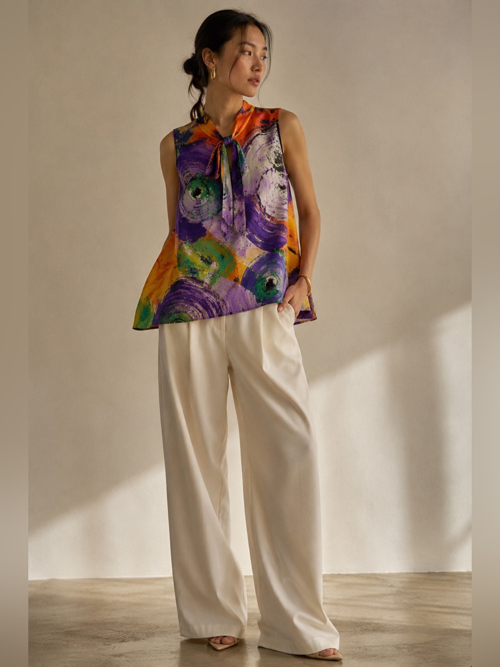 Silk Art Print Top Tie Neck Louise Della Blouse Size 36 EU 4 US